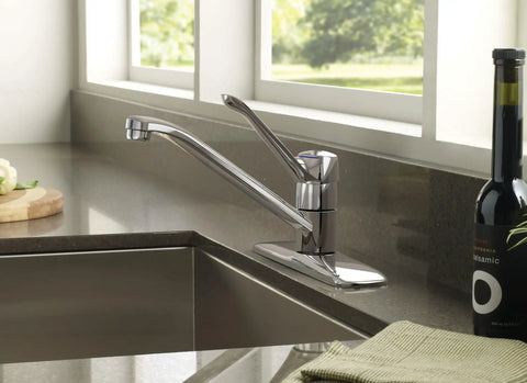Chrome One Handle Low Arc Kitchen Faucet For 1 Or 3 Hole Sinks With Optional Deck Plate on modern countertop