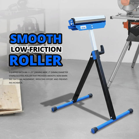 Folding Beefy Roller Stand Heavy Duty Steel Support With 60Kg Load Capacity Portable Infeed Outfeed Roller For Table Saw Planer Woodworking And Workshop In One Pack Easy Setup And Adjustable Height for versatile shop use, shown in upright position on workshop floor.
