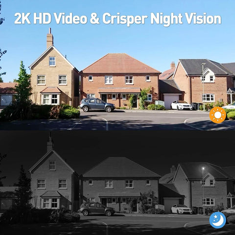 Comparison of daytime and nighttime views using a Wireless 2K Doorbell Camera With No Subscriptions, 2 Way Audio, Instant Alerts.