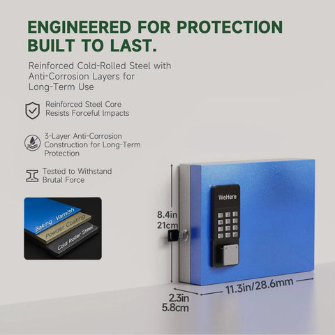 Diagram of 48 Key Lock Box Wall Mount Smart Key Cabinet with Bluetooth and Wi-Fi, highlighting reinforced steel construction.