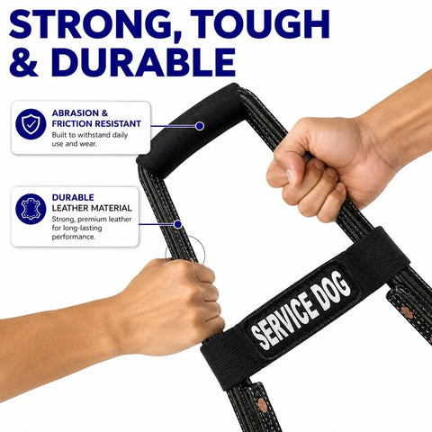 Heavy Duty Leather Bridge Handle For Service Dogs Featuring Solid Steel Core Reflective Trim Ergonomic Dual Ring Harness Compatible 16 Inch Badass Pup Parent Guide Tool