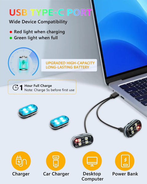 Upgraded 4 Pack Wireless LED Strobe Lights For Car Interior with USB-C charging connected to laptop showcasing RGB lights