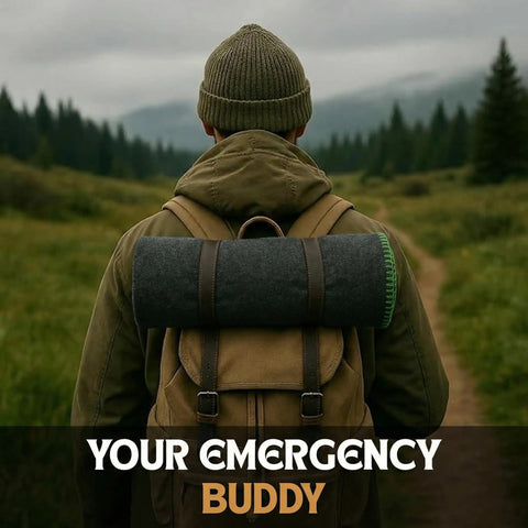 Back view of person hiking with Go-To Rugged Wool Camping Blanket 70 Percent Wool, Fire Retardant, on backpack in forest path
