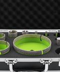 Front view of open case with FACHLICH diamond core drill bits; green diamond-coated hole saw rings (6–127 mm) and 2-inch bevel bits.