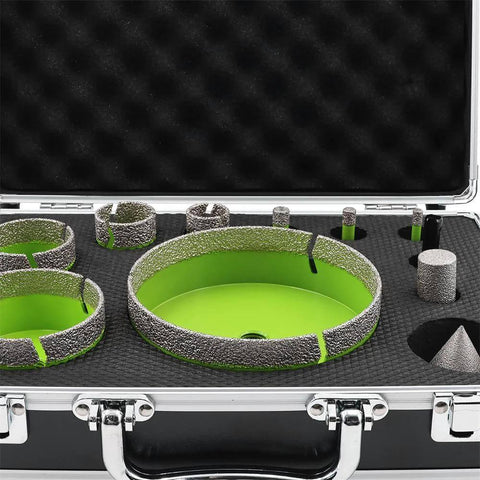 Front view of open case with FACHLICH diamond core drill bits; green diamond-coated hole saw rings (6–127 mm) and 2-inch bevel bits.