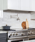 Brushed Nickel Pot Filler Faucet Wall Mount With Double Joint Swing Arms And Two Handles High Flow Brass Stove Faucet in kitchen