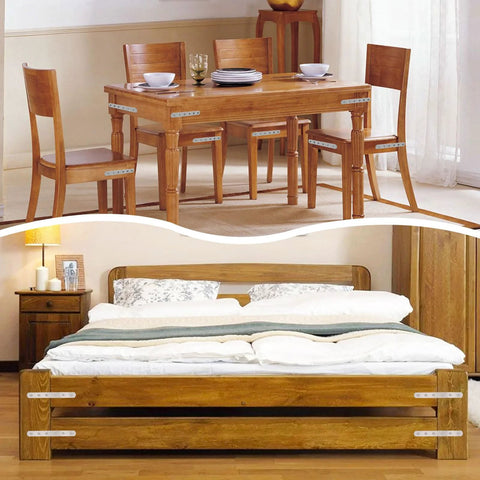 Stainless Steel Flat Brackets 6 Inch Set Of 4 With 24 Countersunk Screws installed on wooden table and bed for reinforcement