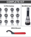 Complete R8 Taper ER32 Collet Set Kit With 12 Collets, Holder Chuck, Wrench, High-Performance Machining Accessory.