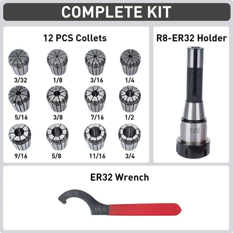 Complete R8 Taper ER32 Collet Set Kit With 12 Collets, Holder Chuck, Wrench, High-Performance Machining Accessory.