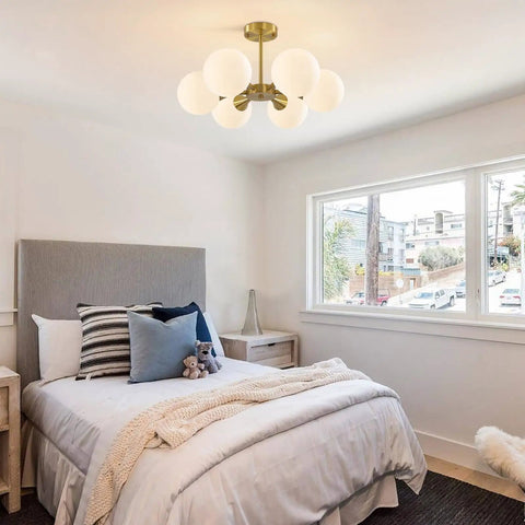 Cozy bedroom with Brushed Gold Sputnik Flush Mount Ceiling Light With Six Milk Glass Globes, Mid Century Modern Overhead Fixture
