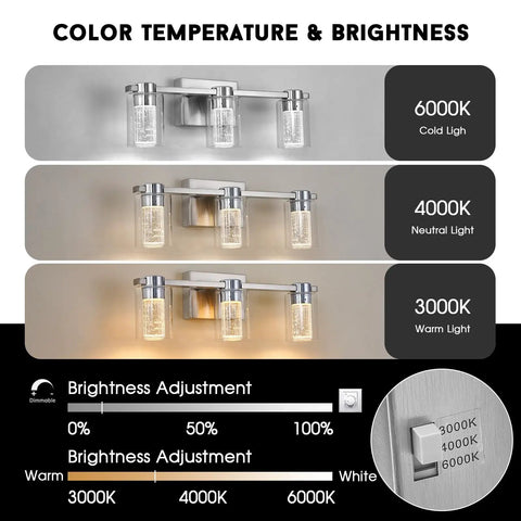 Three Light Brushed Nickel Vanity Light With Crystal Glass Shade 3000K 4000K 6000K Color Temperature Eye Protection LED