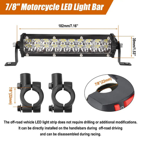 Universal 60W Motorcycle LED Light Bar Kit With On Off Switch For 7 8 Inch Handlebars, includes mounts and dimensions.