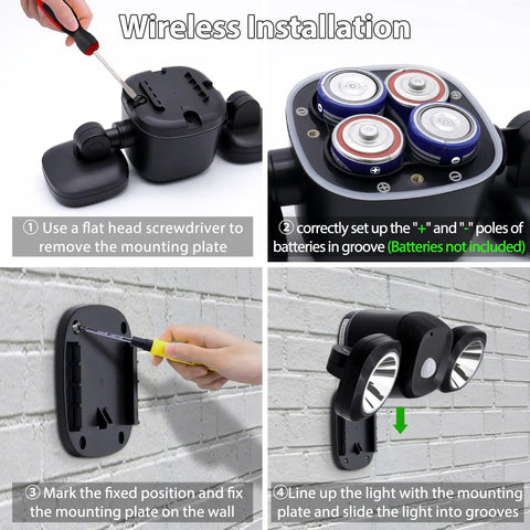 Installation of Battery Powered Motion Sensor LED Flood Light with Wireless Detector showing battery placement and mounting.