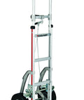 Heavy Duty Aluminum Paddle Brake Hand Truck Featuring Smooth Rolling Microcellular Foam Wheels And Stair Climber Treads side view with alloy frame.