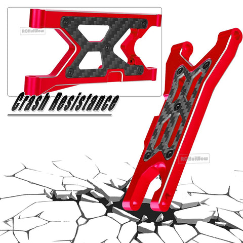 Aluminum Front And Rear A Arms Upgrade Kit For One Tenth Scale Senton 3S BLX Mega 550 Granite 3S BLX Mega 550 Vorteks 3S BLX And Big Rock 3S BLX RC Trucks 4 Pcs Replace AR330443 AR330516 Red showcasing crash resistance.