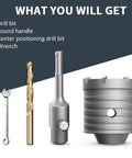 Heavy Duty Four Inch Concrete Hole Saw Kit, 100mm Masonry Core Drill Bit parts including drill, handle, and wrench.