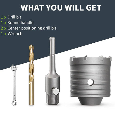 Heavy Duty Four Inch Concrete Hole Saw Kit, 100mm Masonry Core Drill Bit parts including drill, handle, and wrench.