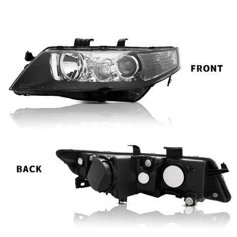 Headlights Assembly With Black Housing Replacement For Acura TSX 2004 2005 Halogen Bulbs AC2518106 AC2519106 front and back view