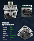 Plug-And-Play Alternator Replacement For Kia Sorento 2.4L 2012-2014, Optima 2.0L to 2.4L 2014-2015, Hyundai Sonata 2.4L 2014, Santa Fe Sport 2.0L to 2.4L 2013-2016 Replaces OE 37300-2G855 37300-2G800 37300-2G850 373002G800 showing product specifications and plug