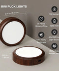 Rechargeable Wireless Puck Lights With Remote Control, Sweet Smooth Glow Under Cabinet Lighting, 3 Color Dimmable Peel And Stick Pad For Kitchen Counter Closet Shelf 2 Pack, showcasing dual mini lights with wood finish.