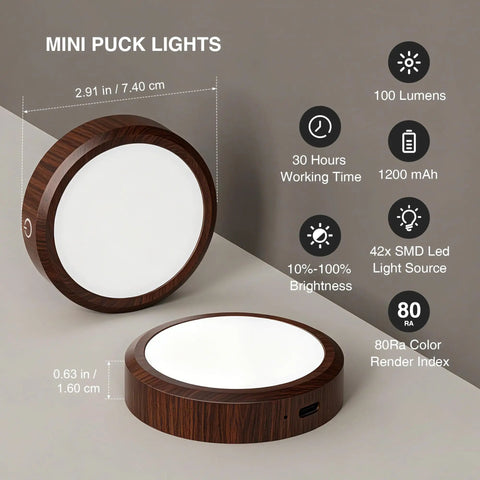 Rechargeable Wireless Puck Lights With Remote Control, Sweet Smooth Glow Under Cabinet Lighting, 3 Color Dimmable Peel And Stick Pad For Kitchen Counter Closet Shelf 2 Pack, showcasing dual mini lights with wood finish.