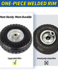 Comparison of upgraded and old 10 inch tires with one-piece welded rims for hand trucks and garden carts.