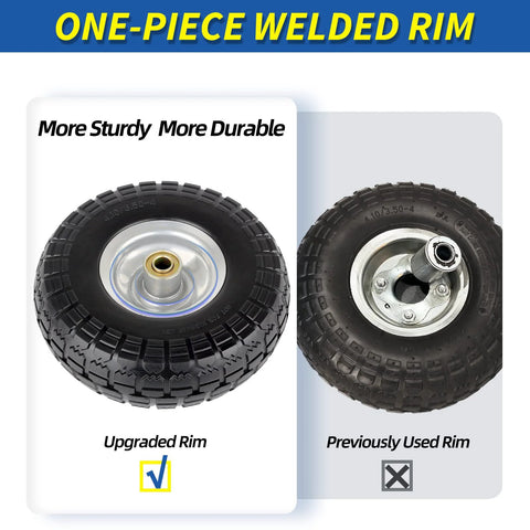 Comparison of upgraded and old 10 inch tires with one-piece welded rims for hand trucks and garden carts.