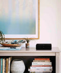 Versatile Home Audio Amplifier For Any Setup From Your Turntable To Outdoor Speakers Powers Vinyl CDs Stored Audio Files And Streaming And Even Expands Your Backyard Entertainment Black on shelf with decor and books