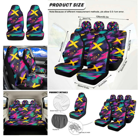 Dope Neon Abstract Car Seat Cover Set 16 Piece For Front And Rear Seats With Shoulder Pads Steering Wheel Cover Armrest Pad Cup Coasters Gear Shift Cover Handbrake Cover Rearview Mirror Cover And Car Trash Can For Auto Truck SUV, front and rear seat covers