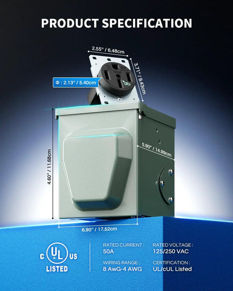 Heavy Duty Nema 14-50r Ev Charging Outlet Box With Weatherproof Lockable Housing And 50 Amp Socket, product specifications and dimensions.