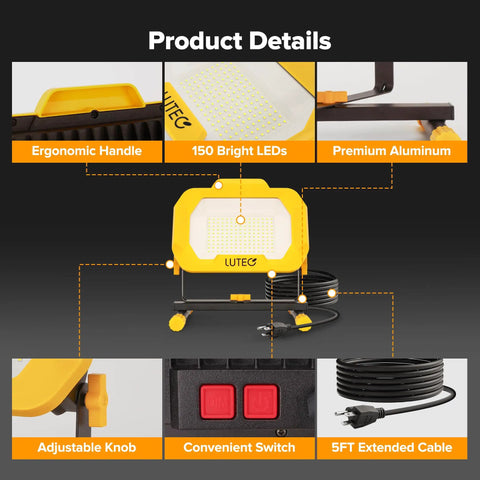 Beast 12500 Lumen LED Work Light With Dimmable Modes IP65 Waterproof Portable Flood Light on stand with ergonomic handle and accessories