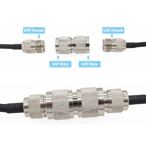UHF Male To Male Coax Connector 4 Pack PL259 Plug And Play Adapter set showing UHF male and female ends