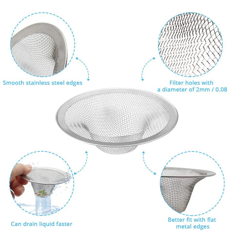 Stainless Steel Sink Strainer Basket 2.25 Inch Drain Hair Catcher 4 Pack with mesh details and flat metal edges.