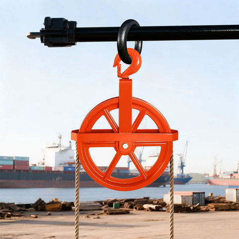 12 Inch Scaffold Hoist Pulley Wheel With Ladder Hooks, Heavy Duty Iron Wheel, 1000 Lb Capacity, Durable Construction For Safe Lifts, Rope Compatibility Five Eighths Inch, Great For Eight Millimeter Or Five Sixteenth Inch Rope mounted on hoist beam