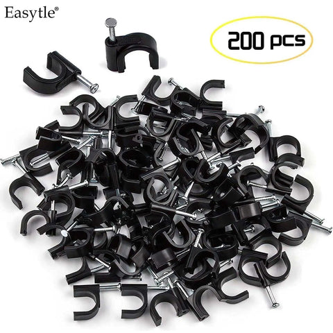 Heavy Duty Nail In Cable Clips Set 200 Pcs 4/6/8/10mm Wall Mount Wire Clips For Coaxial And Ethernet Cables RG6 RG59 CAT6 RJ45 Speaker Wire Clips Cable Tacks For Cords Black, 200 pcs black nail-in plastic clips