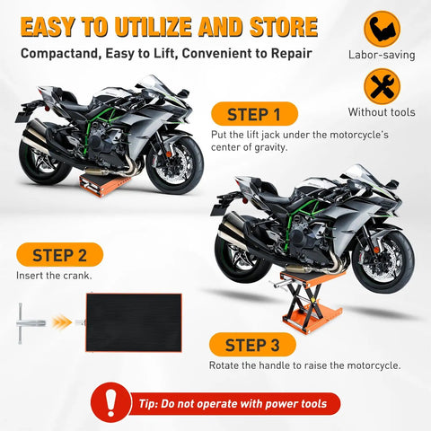Motorcycle on Beefy 1100Lb Motorcycle Lift Jack With Wide Deck And Safety Pin, Adjustable 3.4 To 14.2 Inch Hoist Stand, Orange
