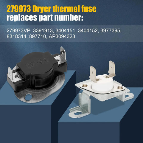 279973 Dryer thermal fuse replacements showing two fuses on a blue background.
