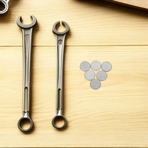 Two stainless steel wrenches beside a set of round stainless steel knockout plugs for junction boxes.
