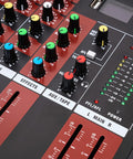 Close-up of knobs and sliders on 8 Channel Bluetooth Live Audio Mixer For Pros And Beginners, 15W Studio DJ Sound Mixing Console