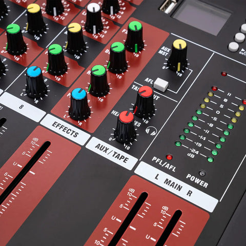 Close-up of knobs and sliders on 8 Channel Bluetooth Live Audio Mixer For Pros And Beginners, 15W Studio DJ Sound Mixing Console