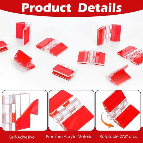 20 Pcs Self-Adhesive Clear Acrylic Hinges 35x25mm showing premium material and rotatable arcs focus on individual hinges.