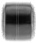 Close-up of a 11x7.10-5 go kart tire, puncture-resistant 4-ply race slicks for 5-inch rims with low profile for controlled slides.