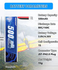 Diagram of EMAX 1S 500mAh HV Lipo Battery 80C Continuous Discharge, 160C Burst, PH2.0 Plug, with specifications and drone in background.