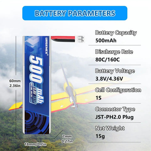 Diagram of EMAX 1S 500mAh HV Lipo Battery 80C Continuous Discharge, 160C Burst, PH2.0 Plug, with specifications and drone in background.