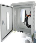 Slick Outdoor EV Charger Lock Box With Viewable Window For Tesla Wall Connector And Most Electric Cars, gray steel with charger inside.