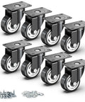 Rock Solid 3 Inch Heavy Duty Swivel Plate Caster Wheels With Smooth Quiet PVC Tires No Brake Design 8 Pack, featuring sturdy black metal plates.