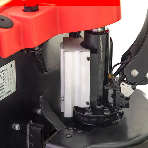 Close-up of Huge Hauler Rechargeable Electric Pallet Jack's motor and controls, showcasing the robust design for efficient handling.