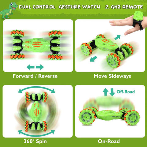 Gesture Sensing RC Stunt Car With Remote And Hand Control, 360 Degree Spin 4WD Off Road Toy showing dual control modes.