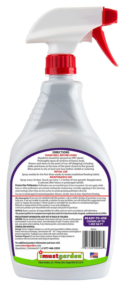 Back label of Mint Scent Rabbit Repellent Spray For Plants And Lawns 32 Oz Ready To Use Specifically Targets Rabbits With Botanical Oils