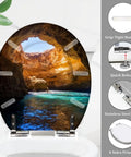 Laid Back Tropical Paradise Round Resin Toilet Seat Cover With Smooth Slow Close Action And Snappy Quick Release Hinges For Effortless Cleanup And A Tight Seal On Standard American Bathrooms, featuring a scenic cave view.